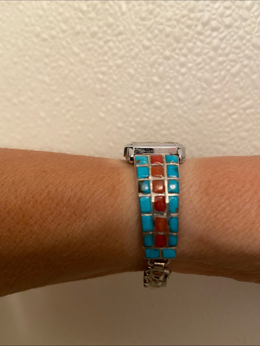 Vintage Women’s Zuni Turquoise Coral Raised Inlay Sterling Silver Watchband - Picture 6 of 6